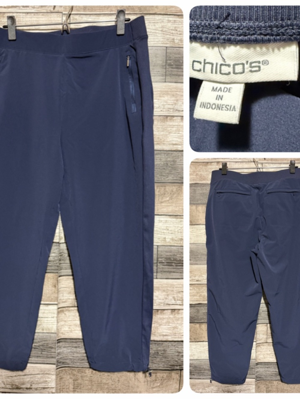 Chicos Pull On Joggers Women’s 10 Blue Zip Pockets Ankle Drawstring Ribbed Sides